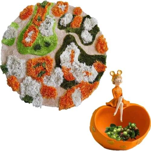 Green and orange round carpet handmade polyester material rug for kids room decoration beautiful cute plush shaggy floor mat