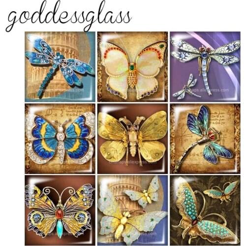 New Fashion Vintage butterfly dragonfly 12mm/20mm/25mm/30mm Square photo glass cabochon demo flat back Making findings FB0239