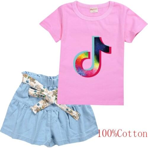 TIK TOK Summer childrens clothing pure cotton short-sleeved T-shirt + denim skirt girl suit