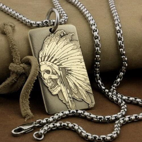 LINSION High Detail Deep Laser Engraved Brass Indian Chief Skull Pendant Biker Punk Dogtag 9X036B Steel Necklace 24 inches