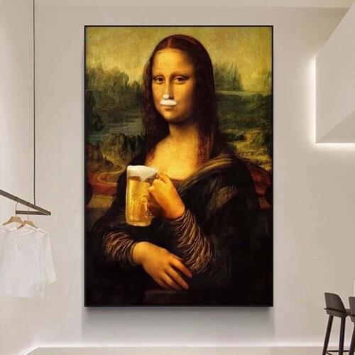 Funny Mona Lisa Drinking Beer Canvas Painting Posters and Prints Wall Art Picture Cuadros Home Decoration for Living Room Decor