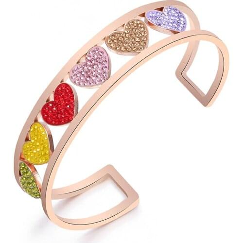 Stainless Steel Colorful Crystal Hollow Heart Bangle Bracelet For Woman Rose Gold Color Valentines Day Girl Jewelry Accessories