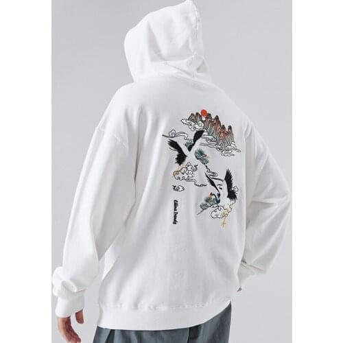 2021 new hip hop China wind tide cranes embroidery round collar and velvet qiu dong loose fleece single male