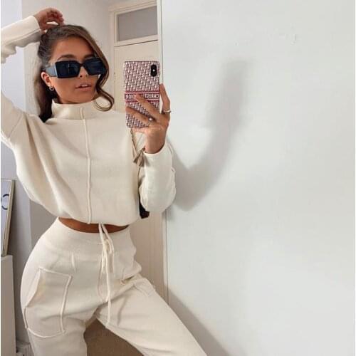 2021 New Style Womens Autumn Set Long Sleeve High-neck Sweatshirt and Drawstring Pants Two-piece Suit Casual Clothing