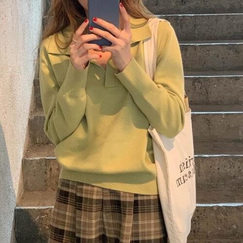 Turn Down Collar Autumn Knitted Sweater Women Long Sleeve Casual Jumpers Pullovers Vintage Loose Streetwear Chic Solid Z954