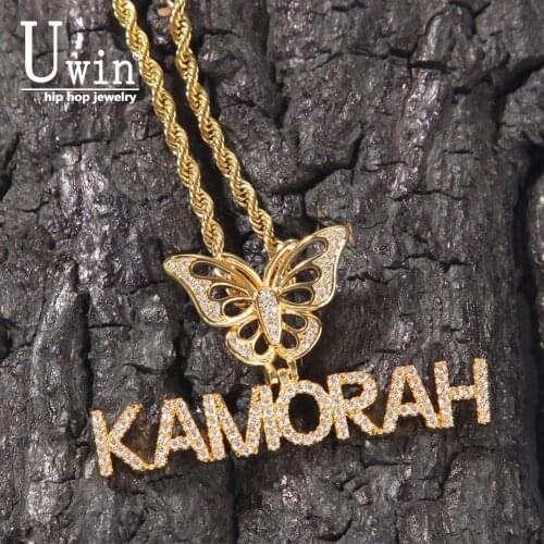 Uwin Name Necklace Mini Letter With Butterfly Hook Custom Personalized Necklace Cubic Zirconia Fashion Hiphop Jewelry