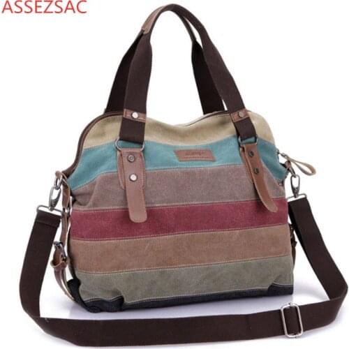 Assez sac Trendy Rainbow Striped Women Canvas Shoulder Bags Fashion Shoulder Bags Casual Beach Bag splicing Shopping Handbag