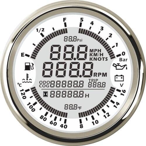 SAMDO 16V 5Bar 85mm 7 Backlight 6 in 1 GPS Speedometer Tachometer Hour Water Temp Fuel Level Oil Pressure Gauge IP68 Waterproof
