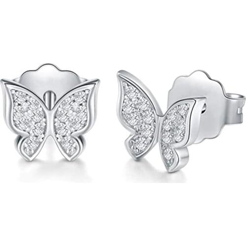 Huitan Silver Color Butterfly Earrings Ear Piercing with CZ Stone Simple Stylish Womens Accessories Versatile Girls Jewelry New