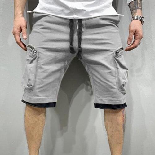 Fake Two Piece Cargo Shorts Knee Length Men Wide Leg Straight Sweat Shorts Streetwear