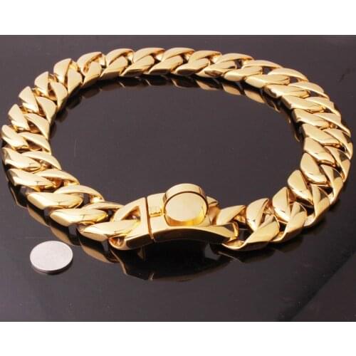 Heavy Duty Choke Cuban Chain Gold Dog Collar with Safety Lock 30mm Width Stainless Steel Metal Links Slip Collar for Large Dogs
