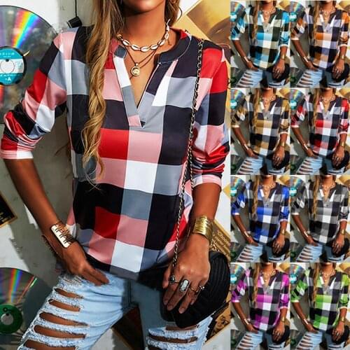 2021 Womens New Autumn Shirt T-shirt Plaid Printed V-neck Long Sleeve Top Casual Loose Large Size Ladies T-shirt Camiseta Mujer