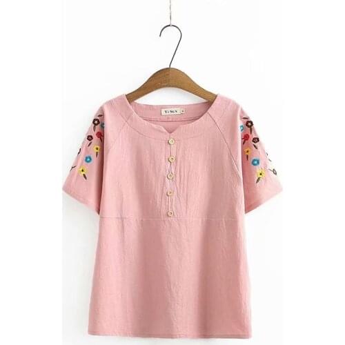 Plus size embroidery short sleeve cotton women loose tshirts 2020 new summer casual ladies soft o neck t shirts female tops