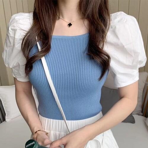 New Women Elegant Cotton Puff Sleeve Patchwork Knitted Casual Knitwear Blouse Ladies Chic Square Collar Short Sleeve Shirt Tops