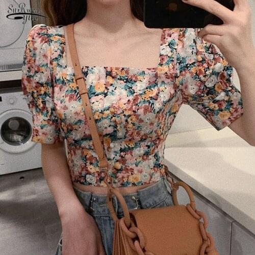 2021 Korean Sexy Floral Blouse Women Vintage Puff Slevee Square Collar Bow Short Shirts Casual Fashion Womens Clothing 13605