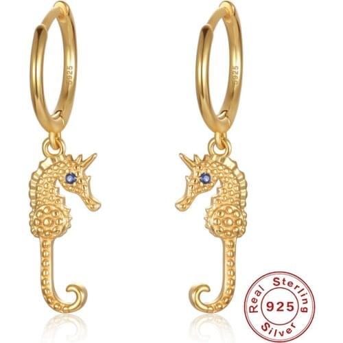S925 Silver Sea Horse Hoop Earring Gold Color Animal Fashion Jewelry Women Gift
