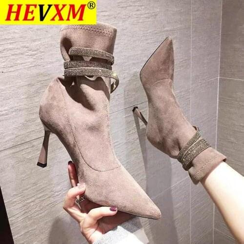 Ankle Boots For Women 2020 Autumn Winter Black Khaki Suede Botas Mujer Pointed Toe Slip On Shoes Woman Diamond Ankle Buckle Belt