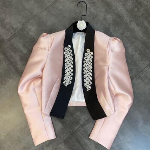 PREPOMP 2021 Fall Winter Long Sleeve V Neck Open Stitch Diamonds Flower Pink Slim Blazer Women Short Jacket GC504