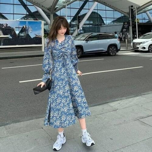 AECU Spring Summer V Neck Floral Print Women Dress Lace Up Female Pleated Dress Summer Party Midi Vestidos Femme 2021