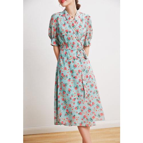 2021 summer womens fashion French romance cherry printing silk long dress one piece long shirt