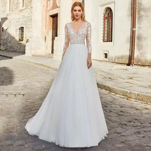 Elegant A-Line Wedding Dress 2021 Long Sleeve V-Neck Lace Appliques Floor Length Bohemian Civil Bridal Gown For Women Backless
