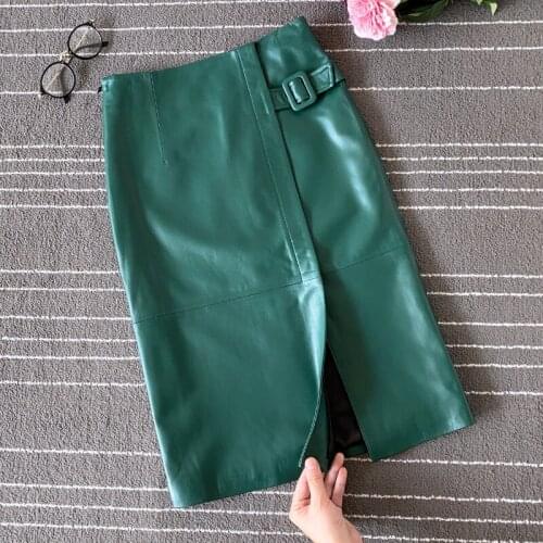 2021 Spring Casual Women Real Leather Sheepskin A-Line Slit Skirt For Female 2 Color Plus Size
