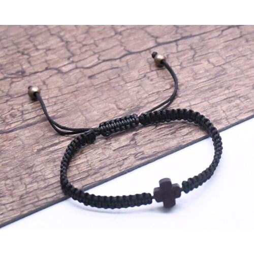 Christ Logo Wood Cross Rosaries Bracelet Adjustable Braided Black Rope Chain Bracelets for Women Religious Christian Jewelry