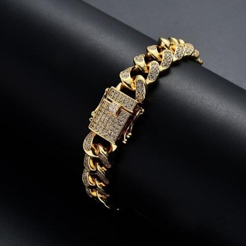 12mm Hiphop Gold Silver Color Cubic Zirconia Bracelets Bangle for Men Punk Cuba Chain Bracelets Girl Party Gifts Jewelry