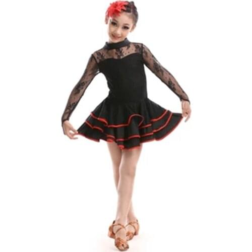 Childrens Latin Dance Skirt High Quality Girls Dresses Kids Long-Sleeved Black Red Lace Ballroom Stage Clothing