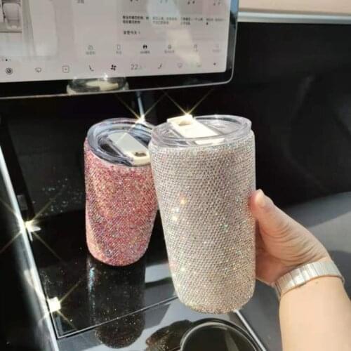 Double-layer stainless steel water bottle cute tumbler diamond-studded flask water bottle portable belt rope mugs coffee cups