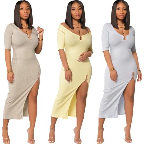 European and American sexy womens summer fashion personality solid color split V-neck dress