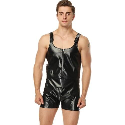 Wetlook Men Lingerie Faux Leather Jumpsuit Zipper Front Buckles Shoulder Strap Bodysuits Gays Sex Male Erotic Club Stage Costume
