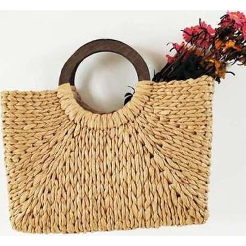 New Round Womens Handbag with Wooden Handle Straw Woven Women Summer Rattan Bags Holiday Beach Round Nature Straw Bag