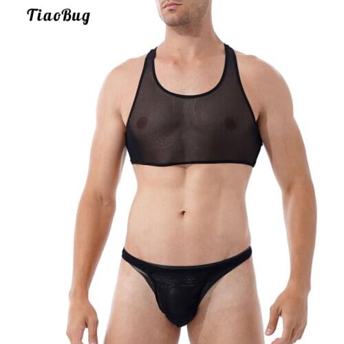 TiaoBug Summer Men See-Through Mesh 2Pcs Swimming Lingerie Suit Swimwear Sleeveless Cropped Tank Top With Thongs Briefs Bikini