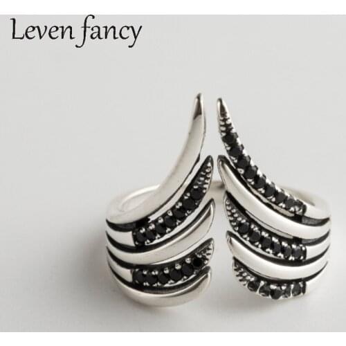 Micro Paved AAA Black Zircon CZ Swan Wings Feather 925 Sterling Silver Ring Wedding Engagement Promise Lovers Rings Women