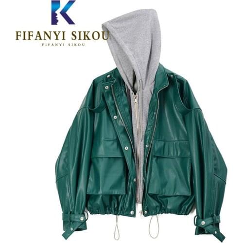 Fashion Spliced PU Leather Jacket Women Autumn Hooded Short Motorcycle Coat Pocket Zipper Loose Soft Faux Leather Jackets Female