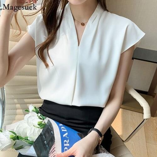 Fashion Short Sleeve Woman Shirts White Summer Solid Plus Size Tops V-neck Elegant Satin Blouse Women Blusas De Mujer 2021 14341