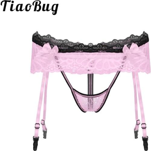 Men Lingerie Underwear Hollow Out Lace Sissy Briefs Adjustable Belt Bowknot Elastic Waistband Crotchless G-String Thong Panties