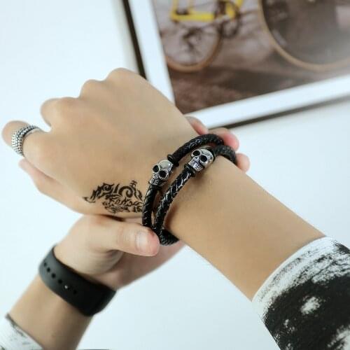 Skull Pattern Mens Bracelet Woven Leather Bangle Stainless Steel Skeleton Accessories Black Wrist Band Magnetic Clasp Jewelry