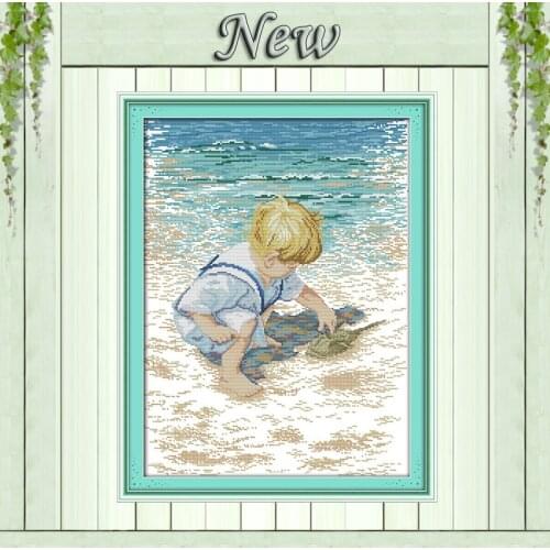 The little boy on the beach,Counted printed on canvas DMC 14CT 11CT Cross Stitch Needlework kits,Embroidery Sets,home wall Decor
