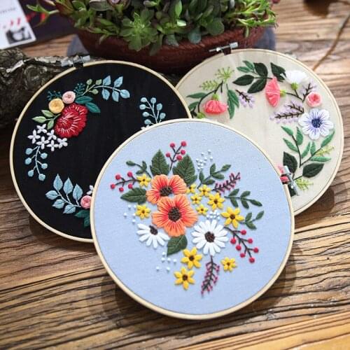 DIY Flower Embroidery Set for Beginner with Bamboo Hoop Needlework Kits Cross Stitch Handmade Art Craft Sewing Home Decor