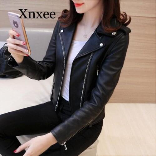 Black Spring New Ladies PU Leather Jacket Womens Short Slim Jacket Coat Motorcycle Jacket Leather Jacket Women Leather Jacket
