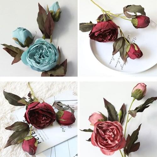 New INS 3 Heads Peonies Artificial burned Peony Silk Flowers DIY Fake Flowers Faux Flowers Wedding Stage Backdrop Decoration
