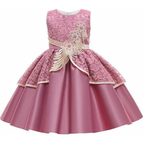 2021 summer girls' new girls' bow skirt 4-11 years old gold embroidered flower princess dress