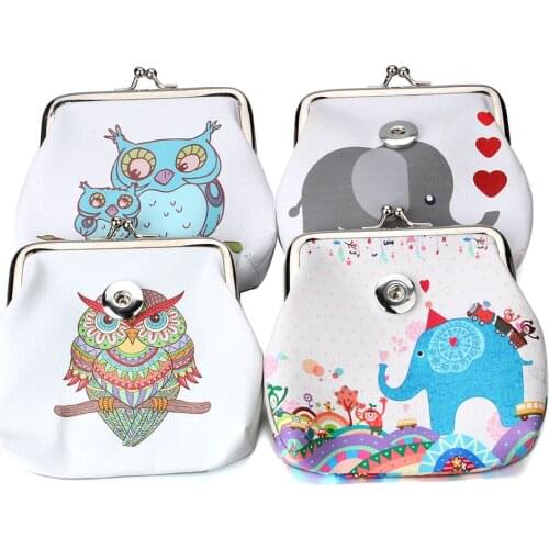 New 18mm Snap Jewelry Small PU Leather Coin Purse Women Elephant Owl Mini Change Pouch Snap Button Money Bag Girls Coin Holder