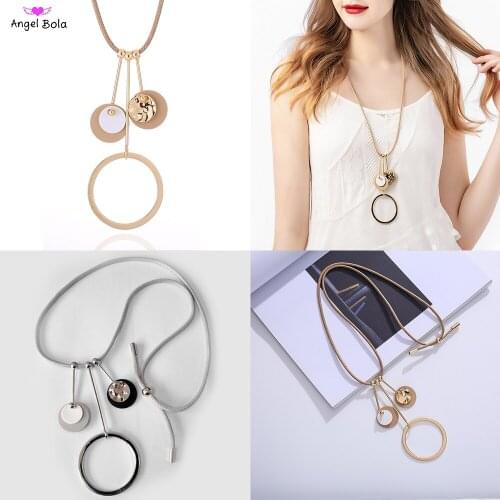 Round Pendant Necklace Gold Long Rope Chain Necklace Sweater Chain Neck Jewelry Alloy Necklace Decoration Accessories for Women