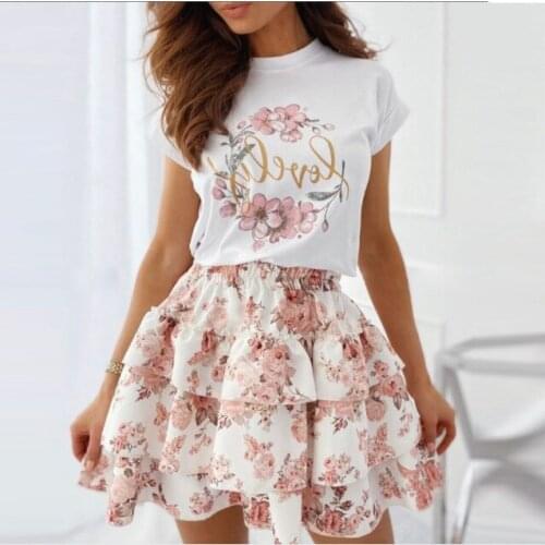 Short sleeve print pleated skirt two piece loose casual letter short sleeve elastic skirt