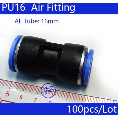 PU16 Free shipping 100Pcs 16mm Tube Straight Connector One Touch Pneumatic Push in Fitting