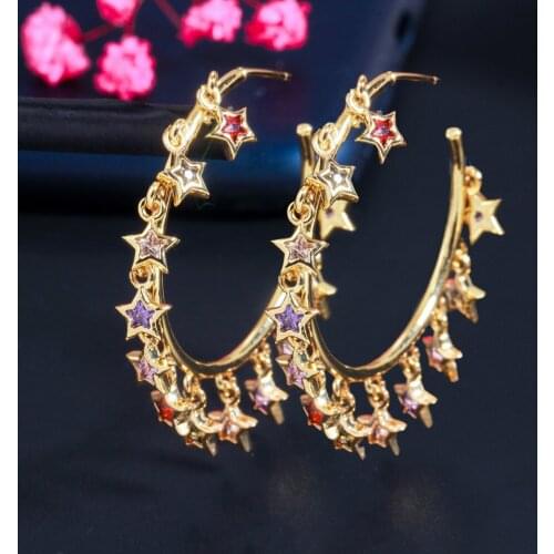 Charming Gold Color Rainbow Star Zircons Dangle Earrings, Chic Round Women Drop Earrings Jewelry