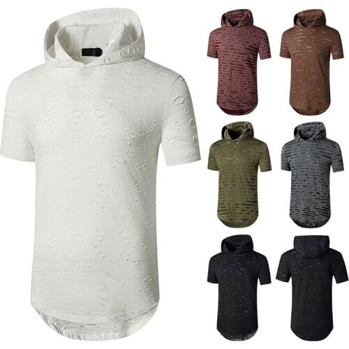 Ripped Hole Hooded Crew Neck Long T-Shirt Solid Color Short Sleeve Hip Hop Ripped Cuffs Streetwear Casual T Shirt for Men